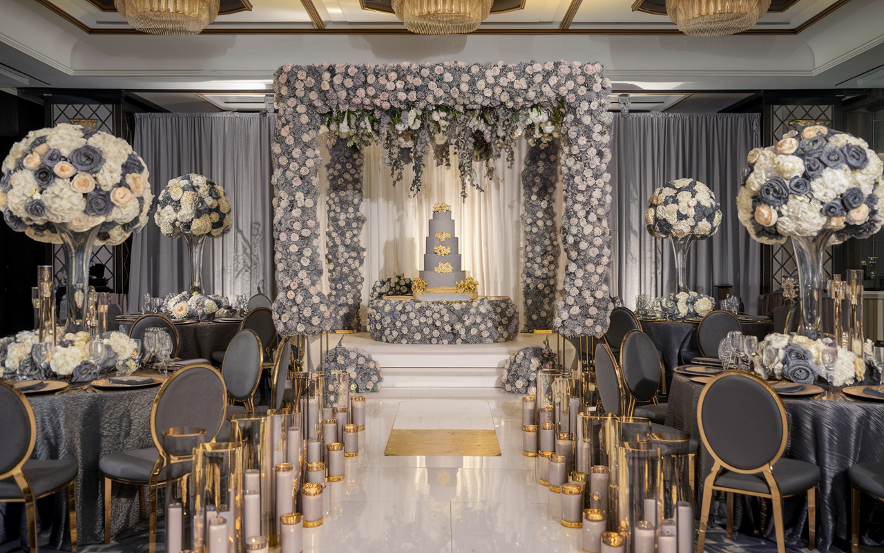 Luxurious Wedding Venue with Gray, White, and Gold Accents